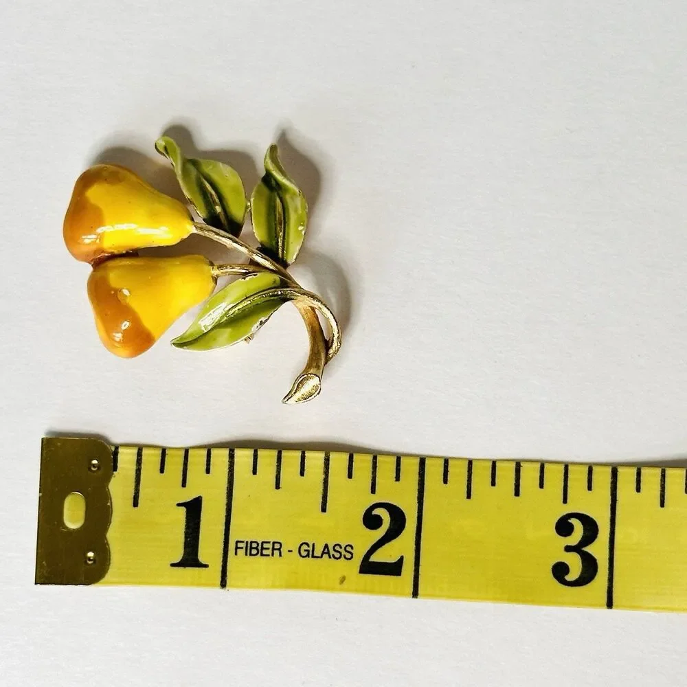 JJ Jonette Signed Enamel Pear Brooch Pin Figural Golden Fruit Cottagecore MCM